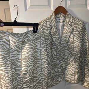 Calvin Klein Two-Piece Zebra Print Skirt Suit in Beige & White